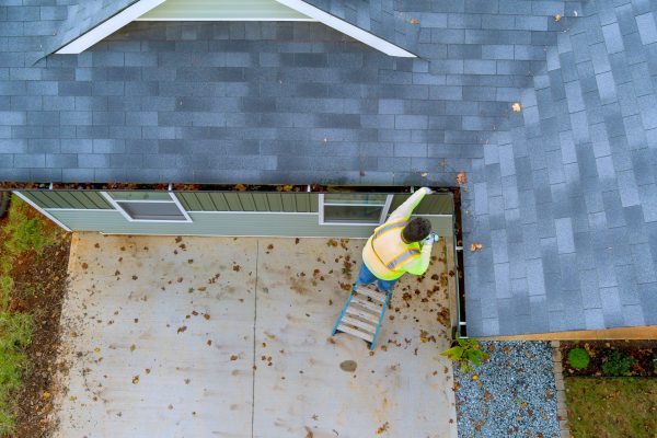 An employee is cleaning clogged roof gutter drain with dirt, debris, fallen leaves